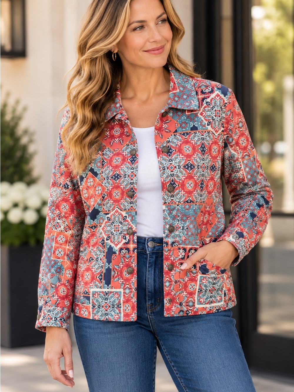 Appleseed’s Medium Patchwork Tile Print Cotton Stretch Button Jacket